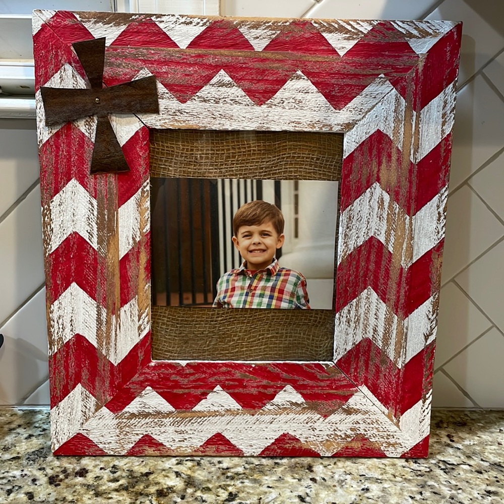 Large Chevron Picture Frame - Reclaimed Barn wood with metal cross